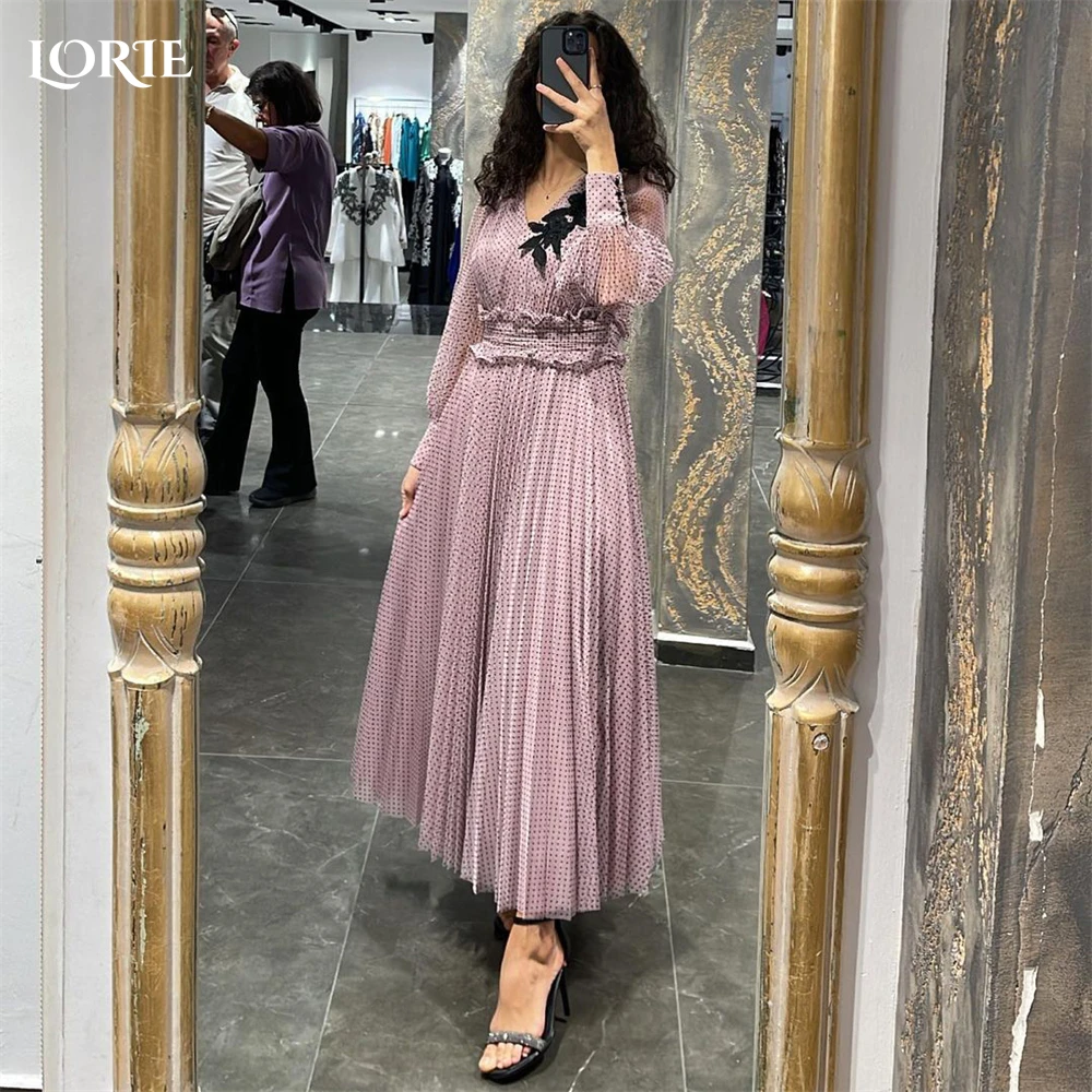 

LORIE Dot Elegant Formal Prom Dresses A-Line V-Neck Lantern Sleeves Ruched Evening Dress Saudi Arabia Ankle-Length Party Gowns