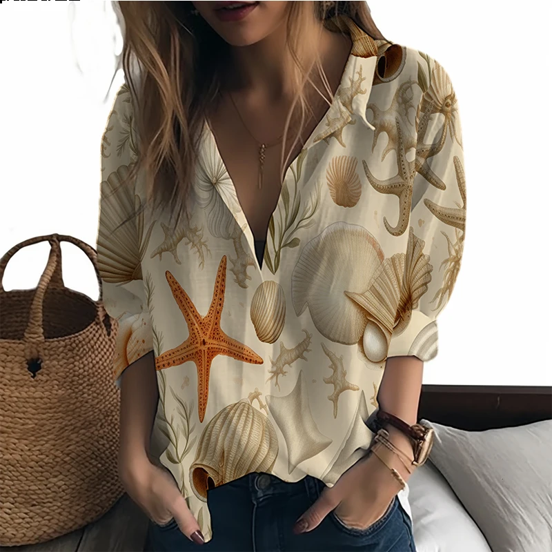

New Ladies Shirt Marine Shell 3D Printing Women's Shirt Resort Women's Shirts Fashionable Casual Ladies Shirts