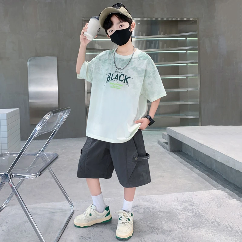 Teen Boys 2 Piece Summer Outfit Tie Dye Crewneck T-Shirt and Casual Cargo Shorts Set Big Kids Fashion Daily Street Outings Wear 3