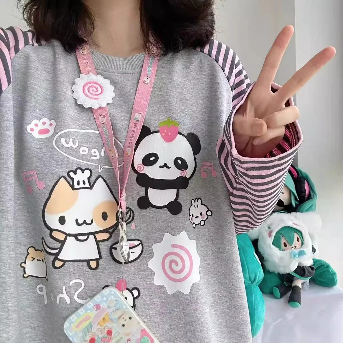 Grey Pink Striped Panda Print Long Sleeve Shirts Y2k Cartoon Japanese Harajuku Kawaii Loose Hoodie Women Spring New Tees