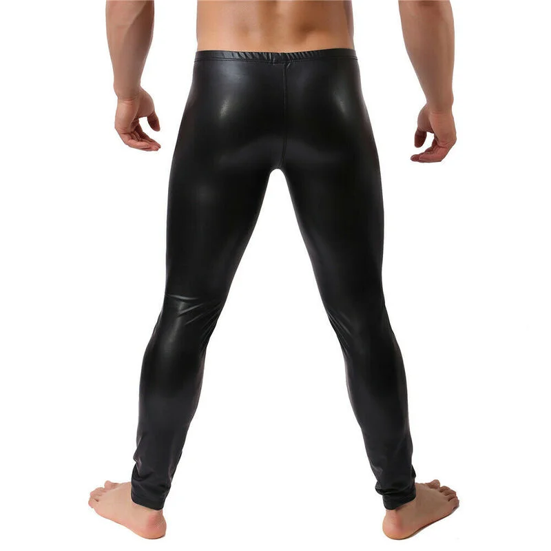 Sexy Mens Wet Look Faux Leather Crop Tops Muscle Arm Short Sleeves Shrug Stage Dance Clubwear Tight Long Pants Men Clothes Set
