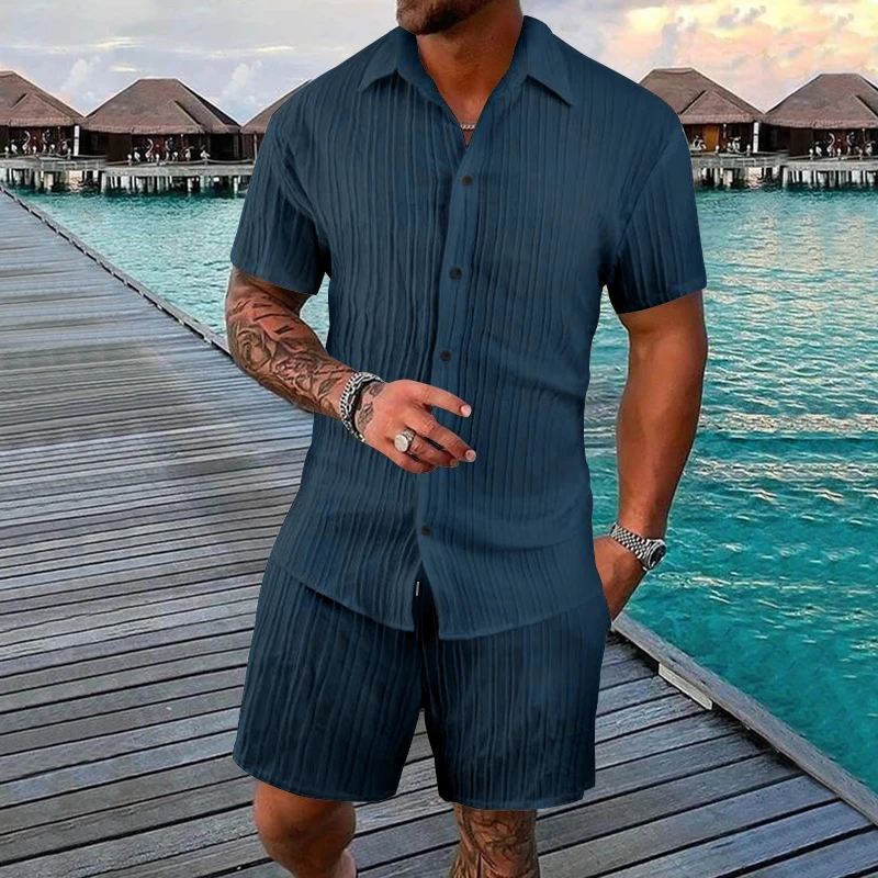 

Мужской комплект высокого качества, Новинка лета 2024, Повседневная рубашка с коротким рукавом и шорты в пляжном стиле, свободная Мужская одежда из двух предметов