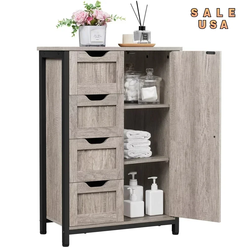 

32.5" Height Wooden Bathroom Floor Cabinet Storage Organizer with 4 Drawers, Gray Easy Assemble