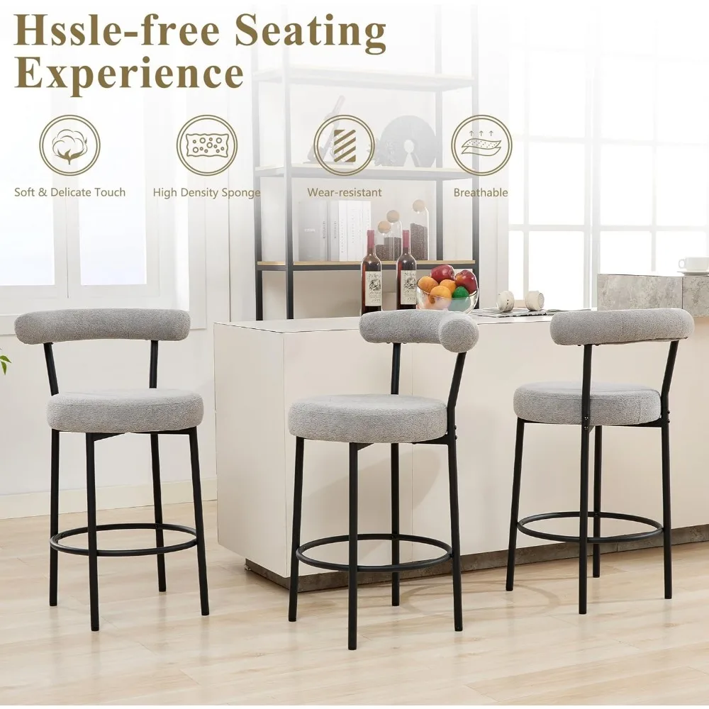 Bar Stools Set of 3, 28 Inches Counter Height Bar Stools with Curved Back, Modern Upholstered Fabric Grey Tall Barstools for 3