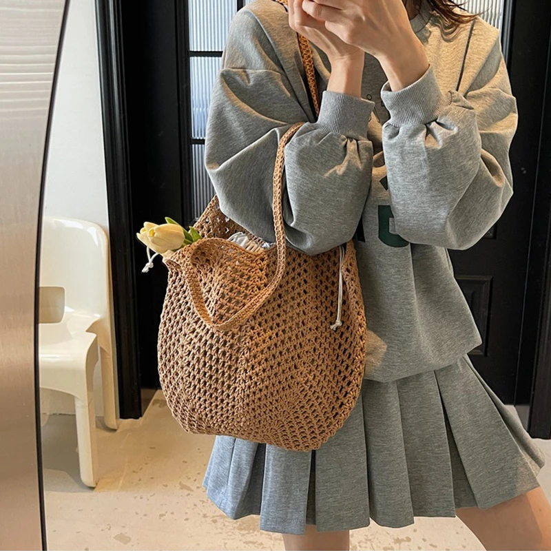 2025 Latest Summer Beach Straw Woven Tote Bag For Women 2-IN-1 Hollow-out Lightweight Large Capacity Shopper Shoulder Bag Female