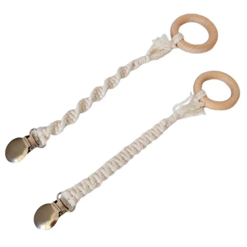 

67JC Pacifier Clip for Boys Girls Pacifier Holder Leash Wood Clip Handmade Braided Cotton Unisex Baby Shower- Birthday Gift
