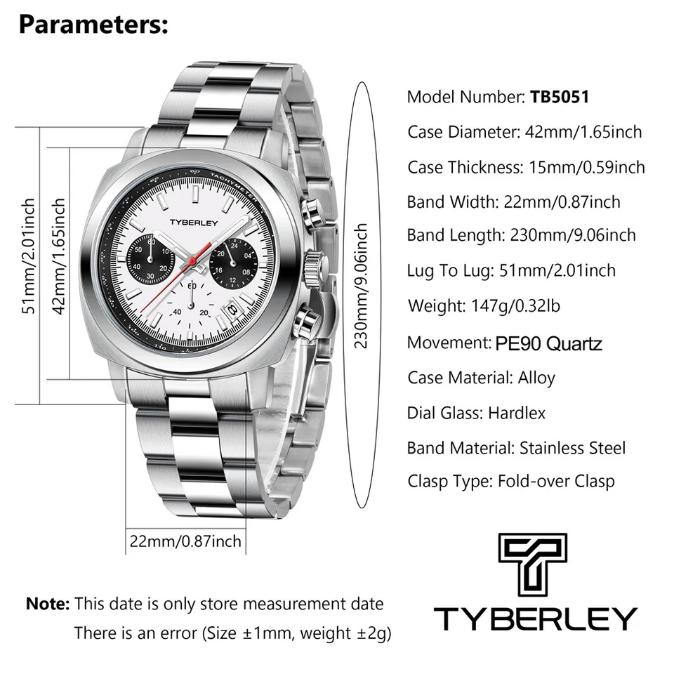 Orologio Uomo TYBERLEY Cronografo Quarzo, Cassa 42mm, Cinturino In Acciaio Inox, Impermeabile 3 ATM, Quadrante Analogico Con Data, Affari E Sport