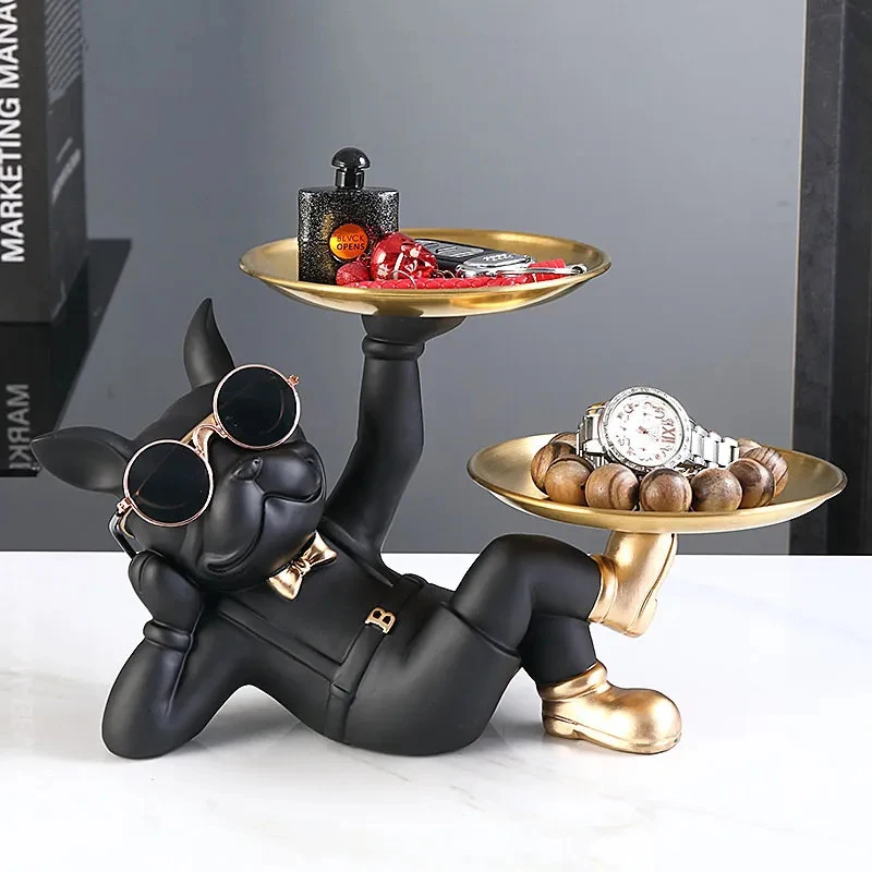 

Nordic French Bulldog Butler Décor with Two Tray Dog Statue Storage Box Animal Resin Sculputre Figurine Home Décor Ornament Gift