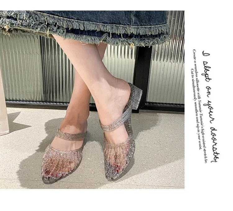 Women'S 2 In 1 Transparent Crystal Plastic Jelly Sandals Non Slip Glitter Pointed Toe Summer Casual Outdoor Beach Flat Slippers