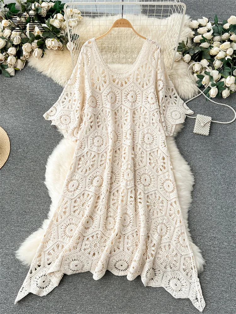 SINGREINY Knit Casual Korean Beach Dress Women V Neck Short Sleeve Loose  High Quality Hollow Out Ladies Summer Vacation Dresses - AliExpress  200000345