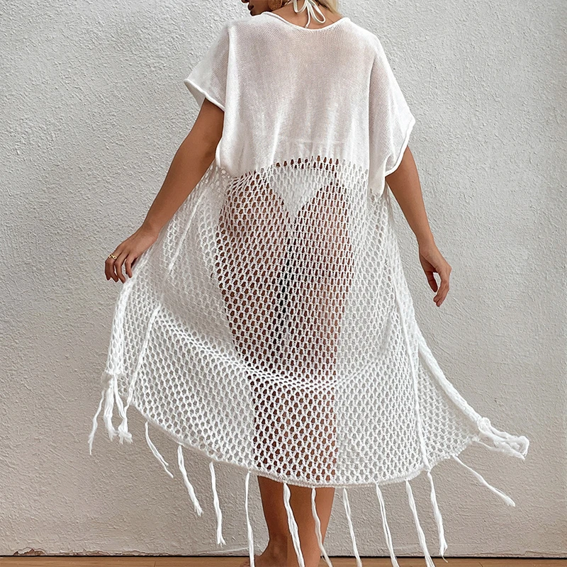 Boho Summer Beach Mesh Poncho for Women Swimsuit Lace Open Kimono Beachwear Tassels Blouse Cardigan Holiday Sexy Covers