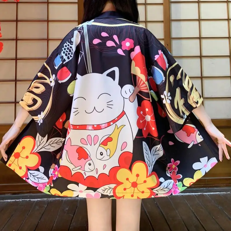 Loose Red Black Lucky Cat Japanese Cartoon Kawaii Beach Cardigan Asian Women Harajuku Kimono Cosplay Tops Blouse Yukata Clothing