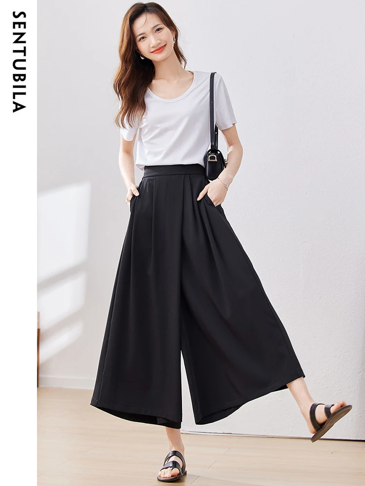 

SENTUBILA Skirt Pants Woman 2023 Summer New Loose Pleated Wide-Leg Cropped Casual Pant Office Lady Breathable Culottes 132K49320