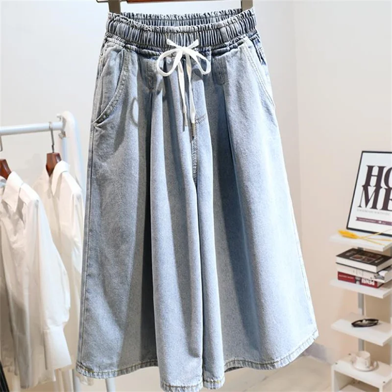 

Брюки женские джинсовые с широкими штанинами, модные повседневные свободные штаны из денима с поясом на резинке, синие, 5xl, на лето