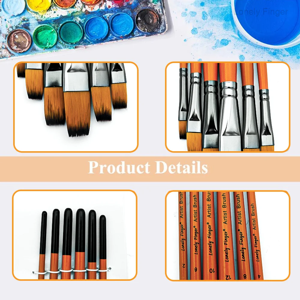 6개입 플랫 팁 아트 페인트 브러쉬 세트 - 프리미엄 합성 나일론 브리슬, 초보자용 오일, 수채화 및 아크릴용, 사용하기 쉬움