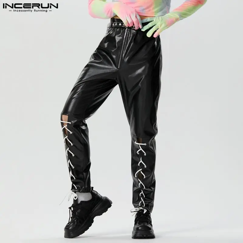 

Men Pants Solid Zipper Lace Up PU Leather Button Casual Trousers Men Streetwear Joggers 2023 Fashion Pantalon INCERUN S-5XL