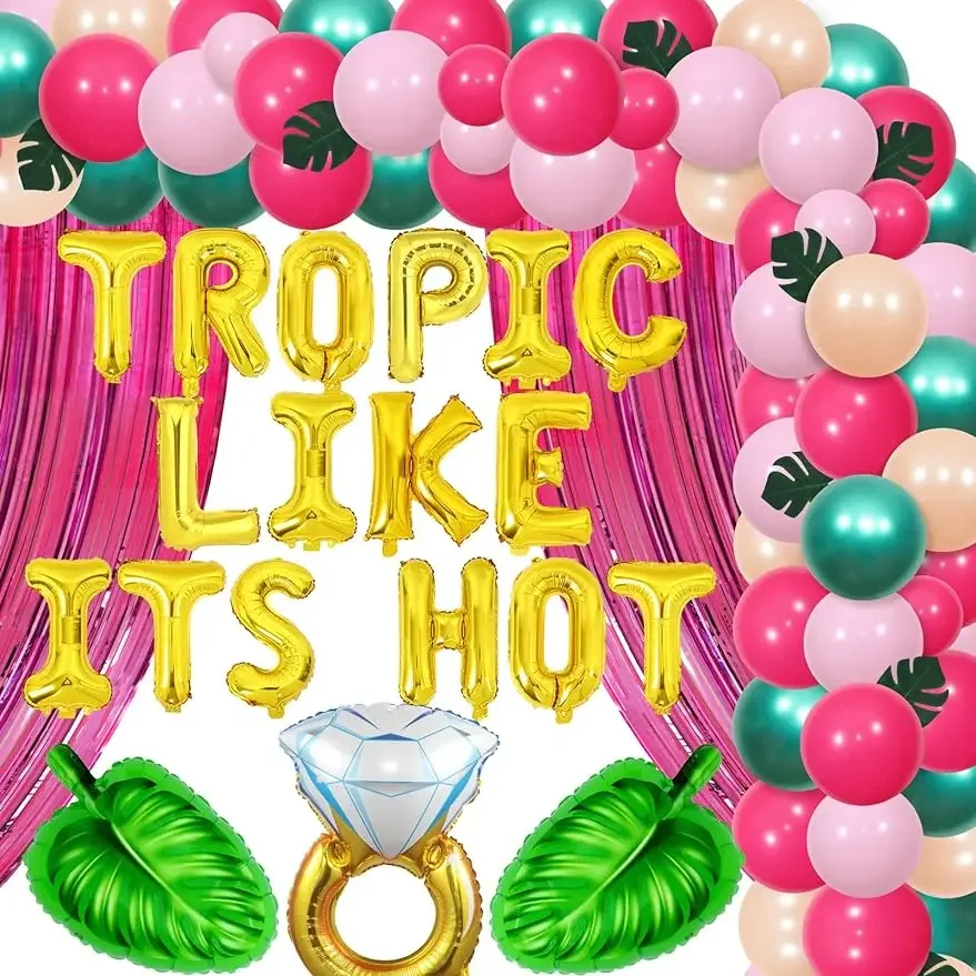 

Tropic Like Its Hot Bachelorette Party Decor Girl Tropical Balloons Arch Fringe Curtain Diamond Ring Simulate Leaf Foil Balloon