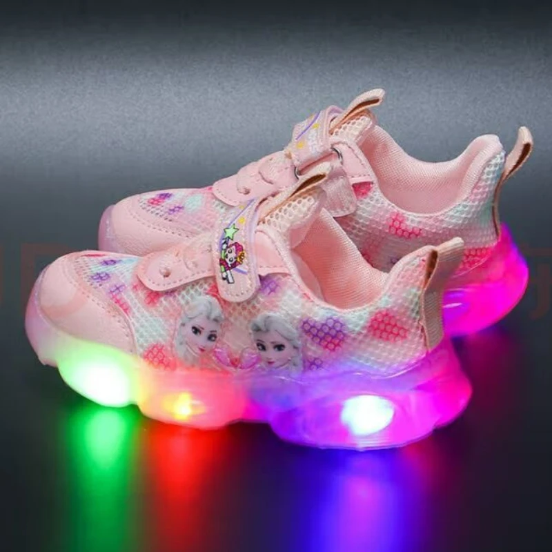 

Disney Girls' Sports Shoes Led Children's Leather Breathable Shoes Soft Sole Frozen Mesh Princess Elsa Shoes Sneakers Size 21-34