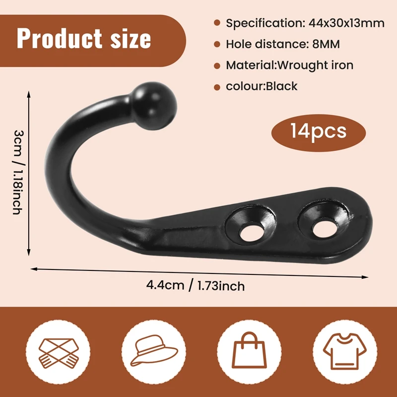 14 PCS Wall Mounted Hooks Coat Hooks Door Robe Hook For Hanging Towel Hat Key Cup Single Metal Hook For Bedroom-A021