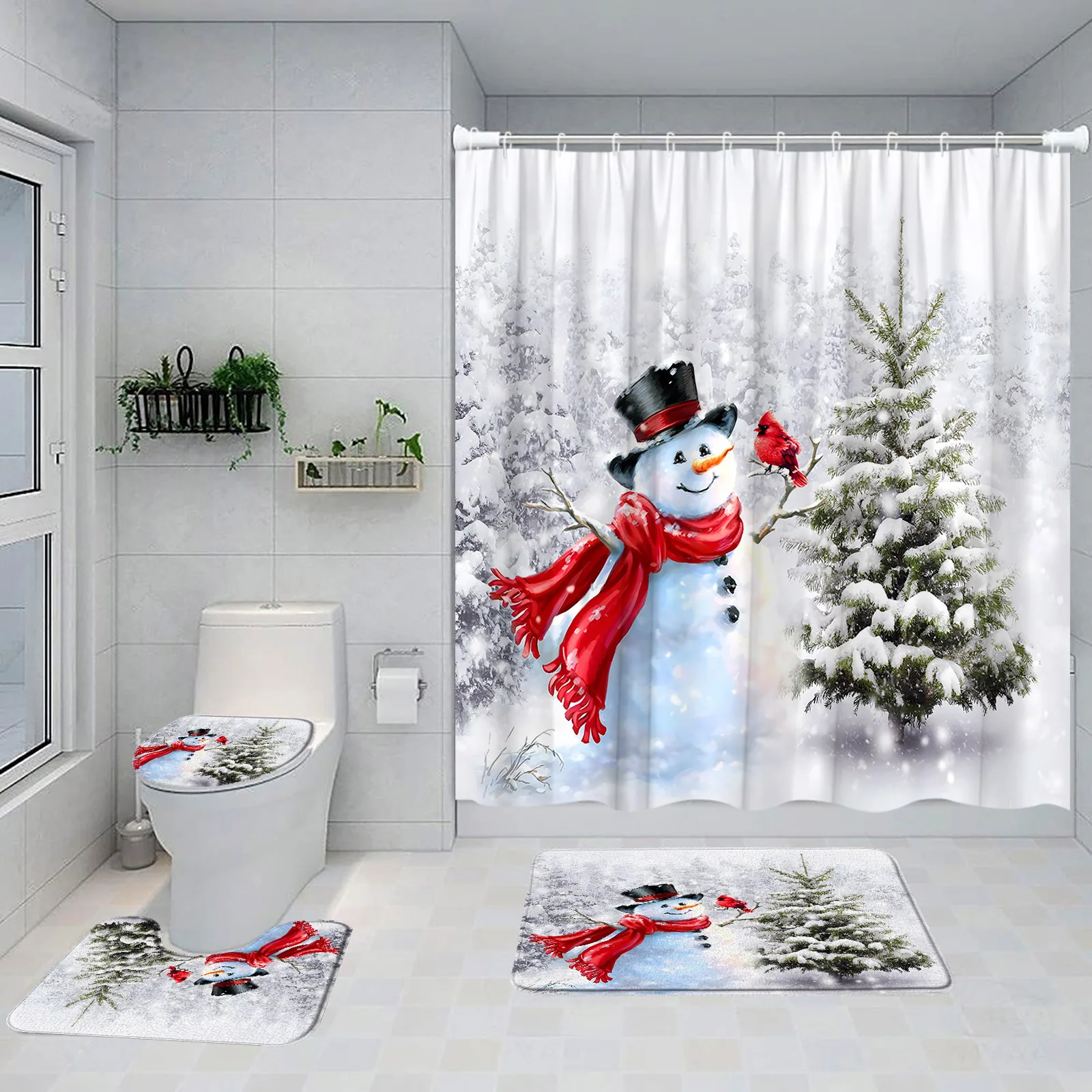 Winter Christmas Shower Curtain Set Fun Snowman Santa Claus Snow Forest Xmas Trees New Year Bathroom Decor Bath Mat Toilet Cover