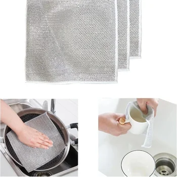 1 pz strofinaccio magico filo d'argento pulizia panno da cucina buon asciugamano in microfibra addensato spugna incorporata palla di filo di acciaio straccio 1