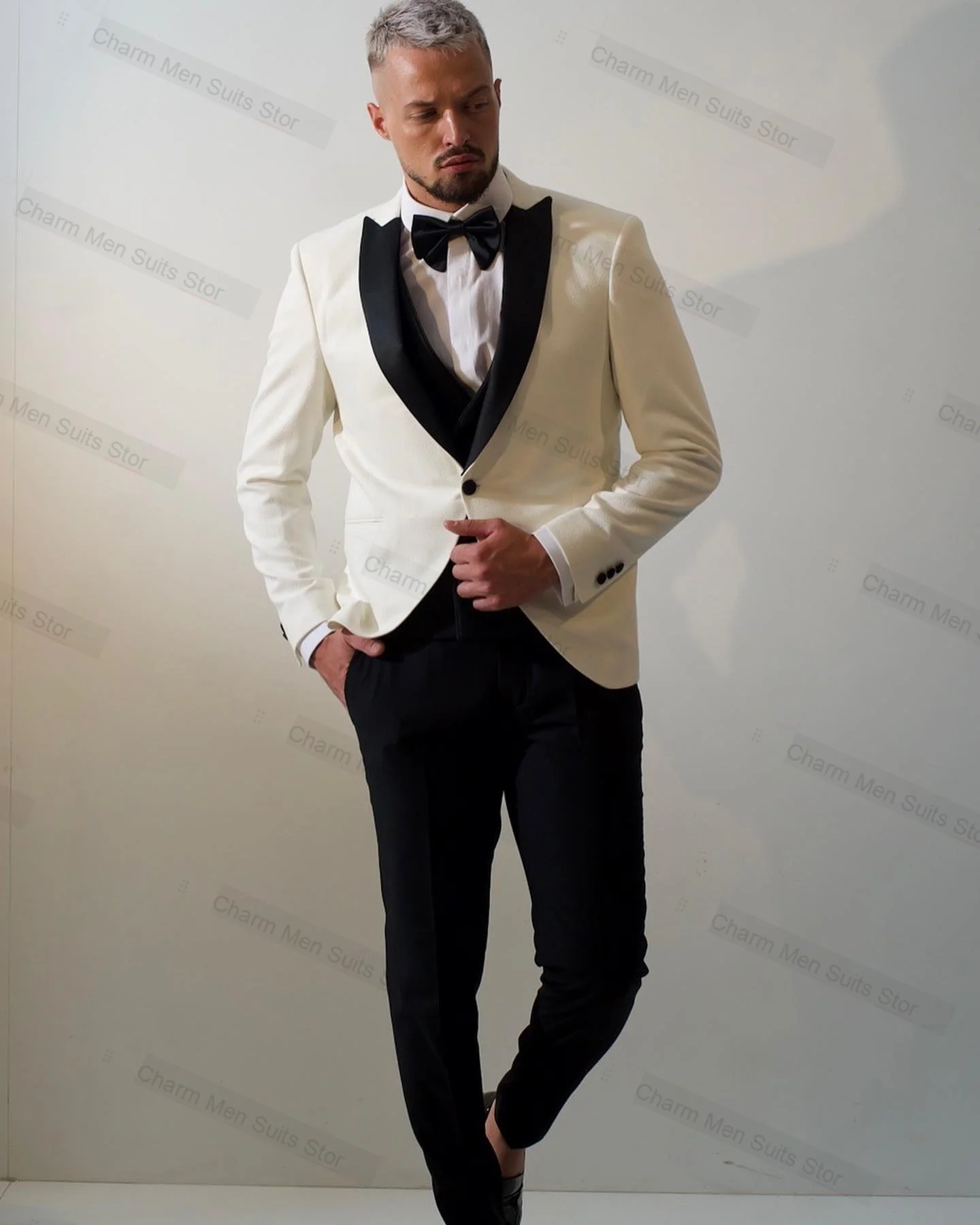 

White Men Suits Set 2 Piece Blazer+Black Pants Custom Made Jacket Formal Office Business Groom Wedding Tuxedo One Button Coat