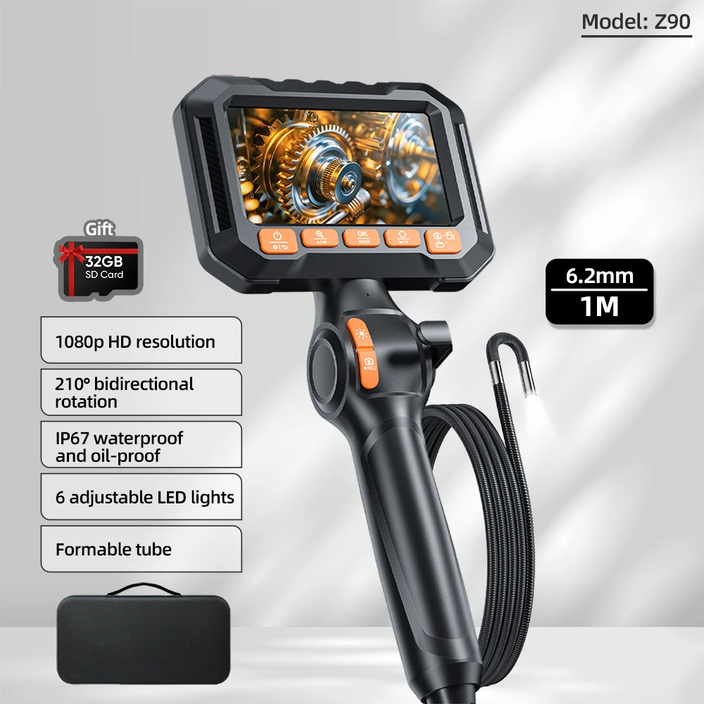 AOSUN Z90 2방향 조절식 내시경, 6.2mm 1M 성형 가능 튜브, 댐핑 기능이 있는 1080P HD 검사 카메라