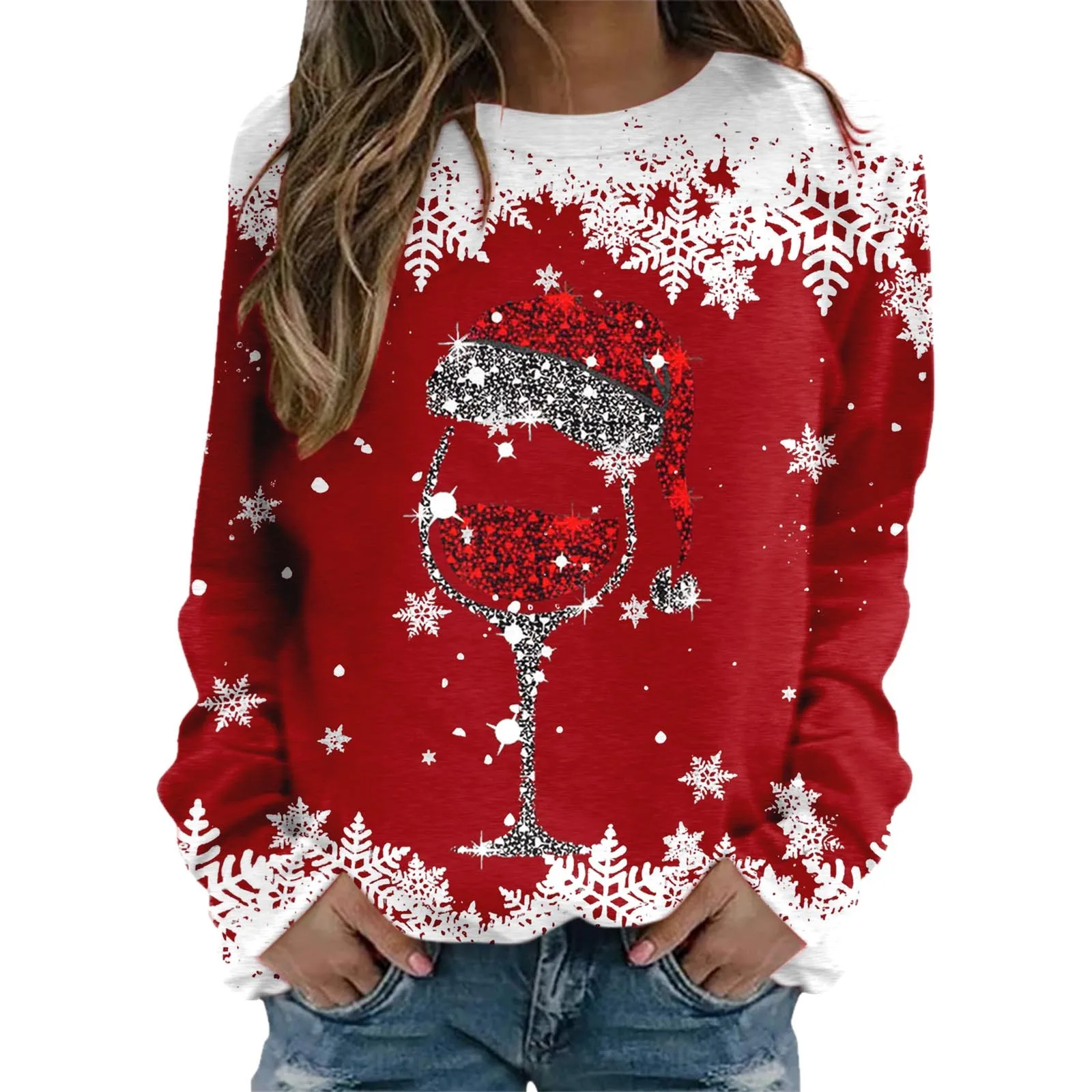 

Snowflake Print Christmas Sweatshirt Round Neck Long Sleeve Xmas Women Pullovers Top Wine Glass Sweatshirt Hoodies