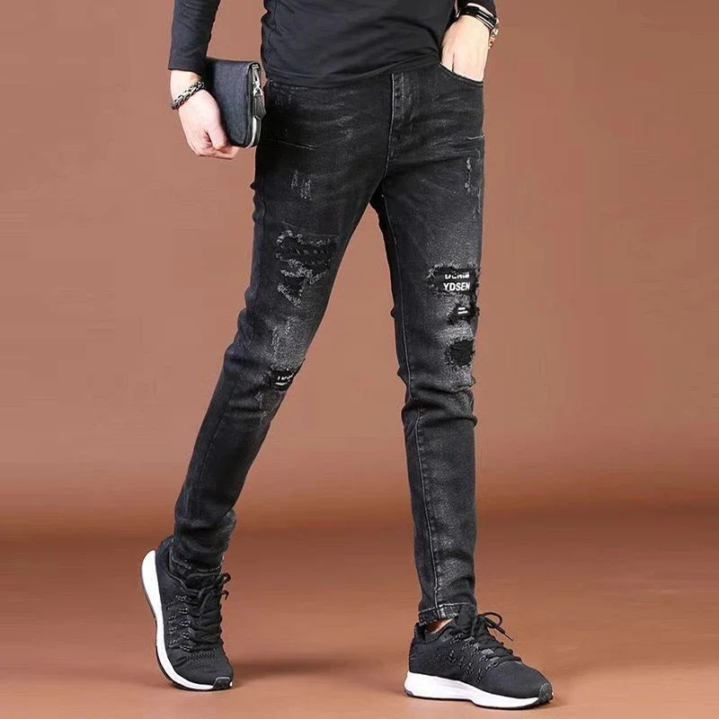 

Trousers Tight Pipe Man Cowboy Pants Slim Fit Men's Jeans Broken Skinny Torn Black with Holes Ripped Denim Washed Regular Luxury