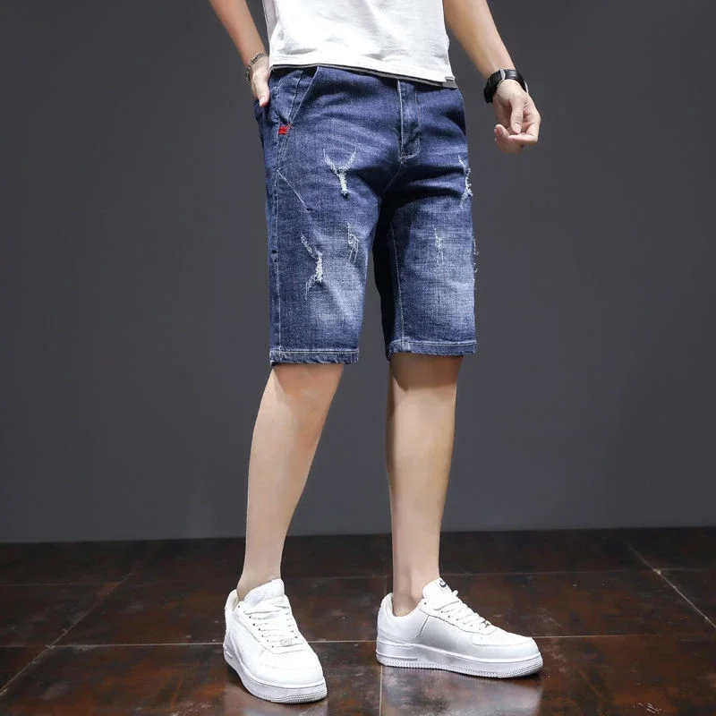 thumbnail image 1 of Pantalones cortos de mezclilla para hombre, elásticos, con cordón, rotos y bolsillos, pantalones vaqueros cortos para hombre, tendencia original de lujo 2024, ropa de calle grosera, emo, 1 of 5