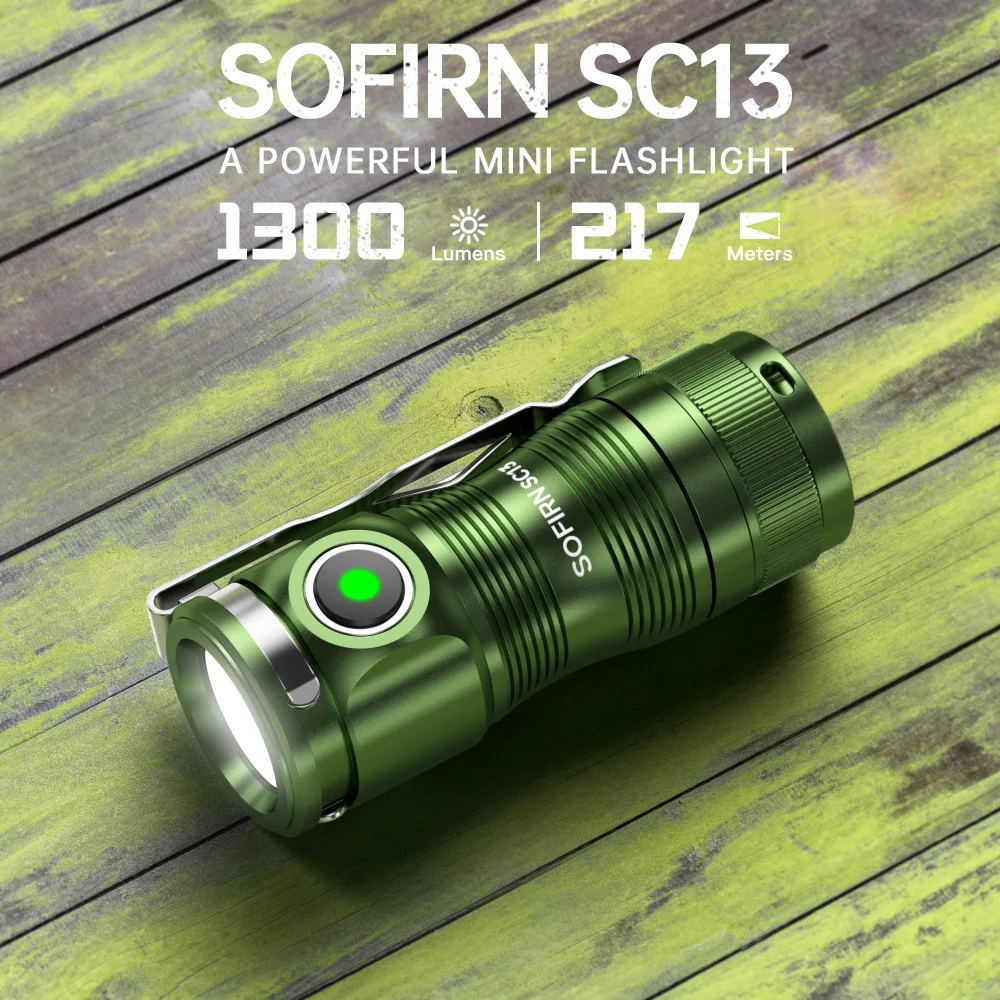 Sofirn SC13 zelená SST40 LED 1300lm mini taktická 18350 baterka 6000K klíčenka bezodkladnost pochodeň