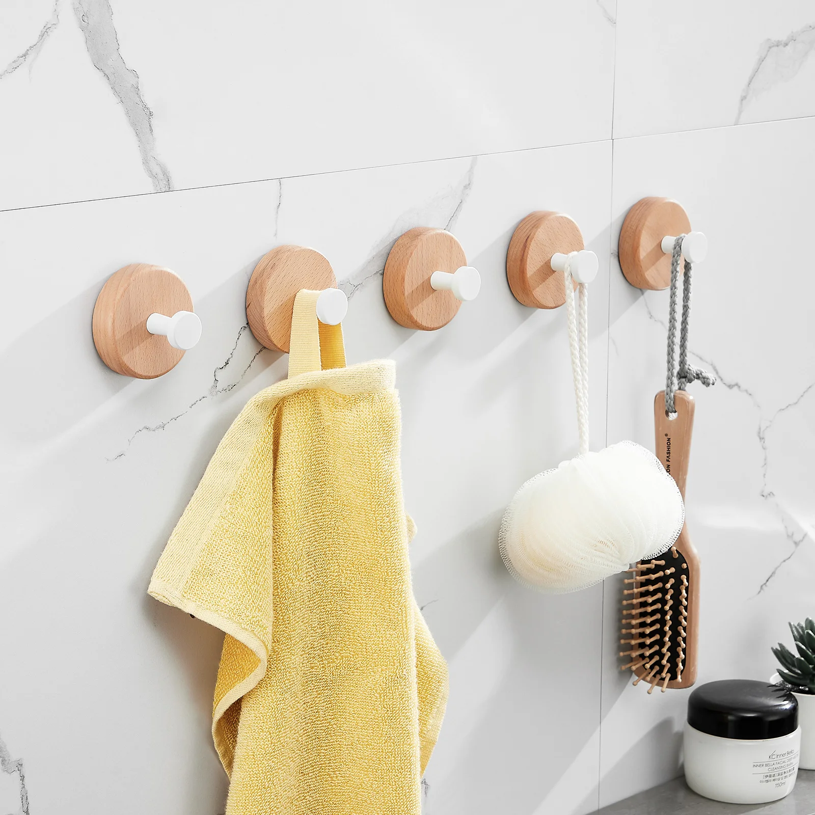 SARIHOSY-5Pcs-No-Punching-Round-Wood-Coat-Hook-Bathroom-Wall-Hooks-for-Hallway-Entrance-Living ...