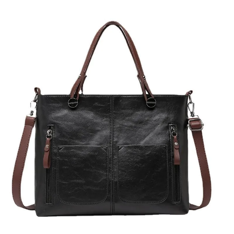 Vintage PU Leather Brown Handbags Women Large Capacity Retro Double Pocket Black Tote Bag Ladies Crossbody Shouder Bag