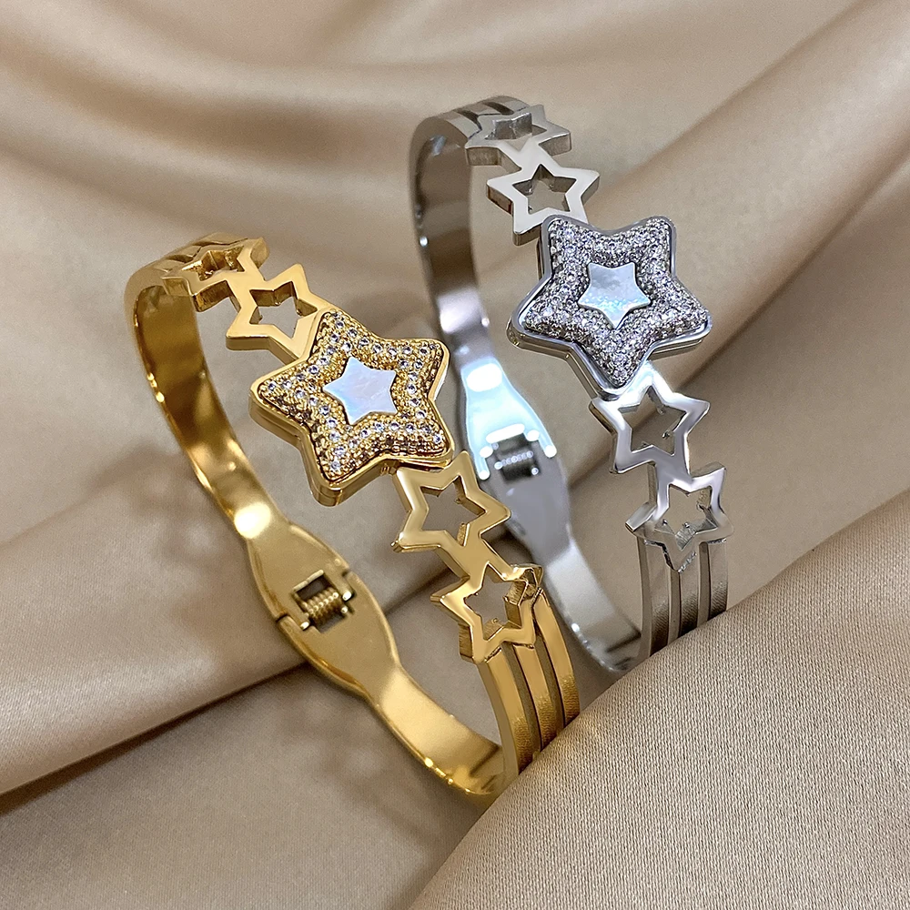 Stainless Steel Bangle Bracelet Inlay Luxury Rhinestones Gorgeous Synthetic Zirconia Geometric Oval Square Stars Shape for Women - Image 2