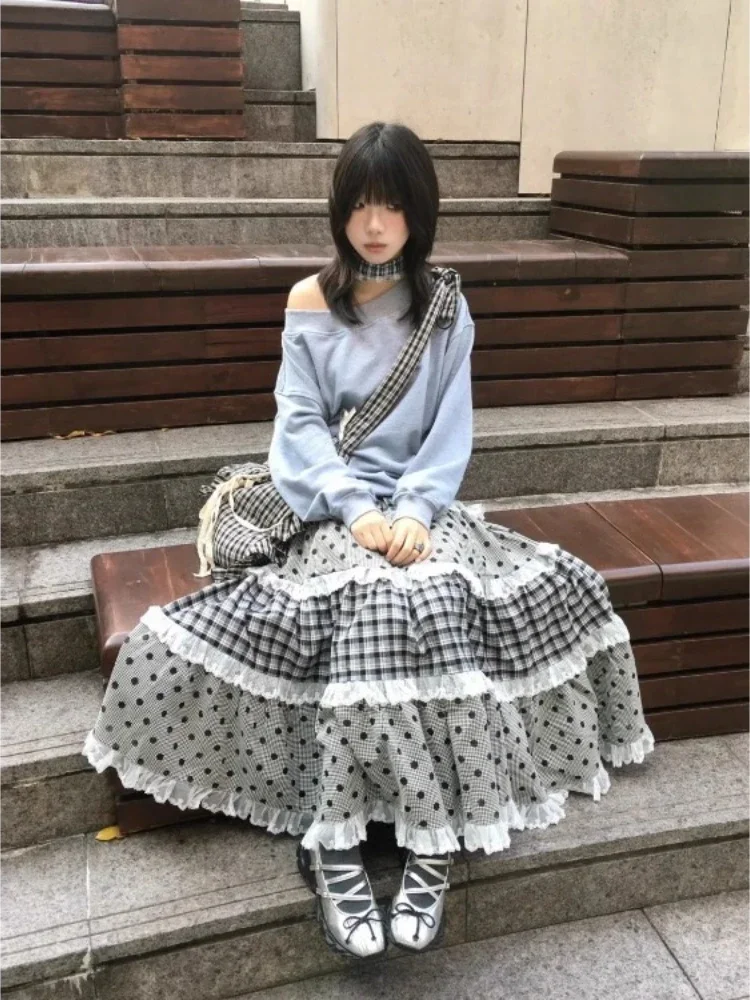 Plaid Wave Point Skirts Women Lace Patchwork Ruffles A-line Skirt for Women Harajuku All-match Falda Elegant Retro Sexy Mujer