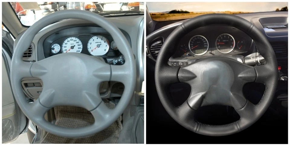 Schwarzer Kunstleder-Lenkradbezug für Nissan Almera (N16) X-Trail (T30) Primera (P12) Terrano 2 Pathfinder Paladin – Detail 1