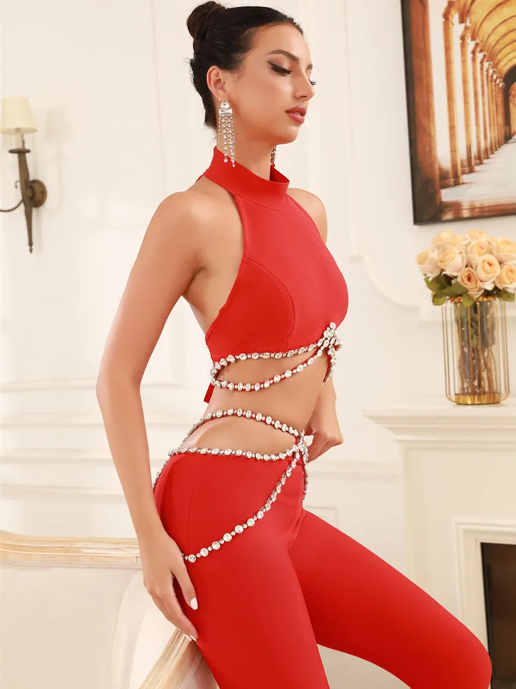 Luxury Women Summer Sexy Cut Out Sleeveless Beading Red Flare Bandage Pants Set 2024 Elegant Evening Club Party Outfits 6