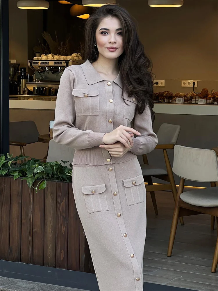 Conjunto de 2 piezas de punto con solapa y falda larga para mujer, moda de retazos, conjuntos ajustados de cintura alta, ropa de calle, conjuntos de falda larga de otoño para mujer