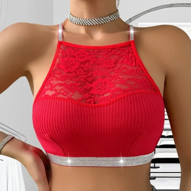 Sexy Women Camisole No Pad Heart Mesh Decor Tanks Fashion Underwear Lady Vest Breathable Crop Top Party Club Brassiere