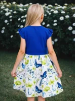 Robe d'été pour filles de 7 à 14 ans, col rond, manches côtelées à volants, imprimé floral papillon, pour l'école quotidienne, décontractée, pour enfants, adorable 2