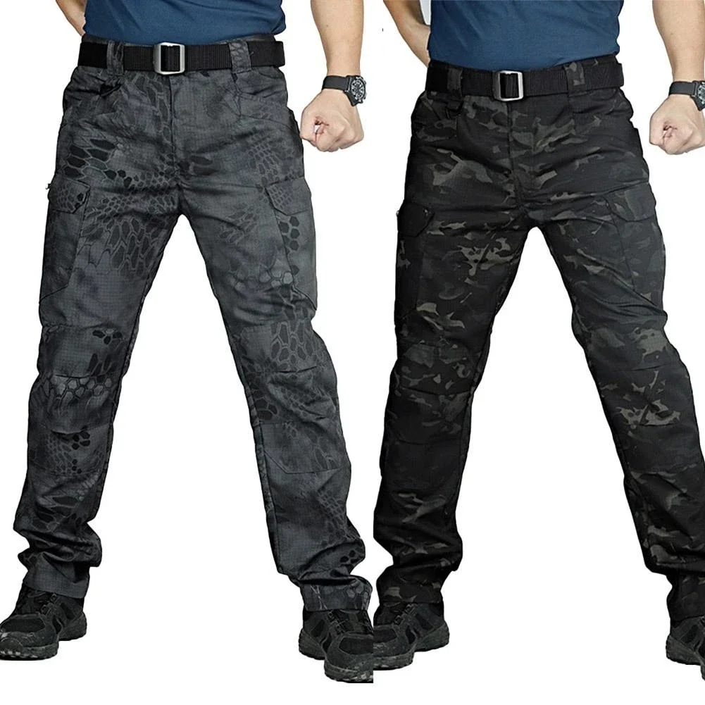 Pantalon cargo camouflage noir homme - Multi-poches séchage rapide pêche randonnée