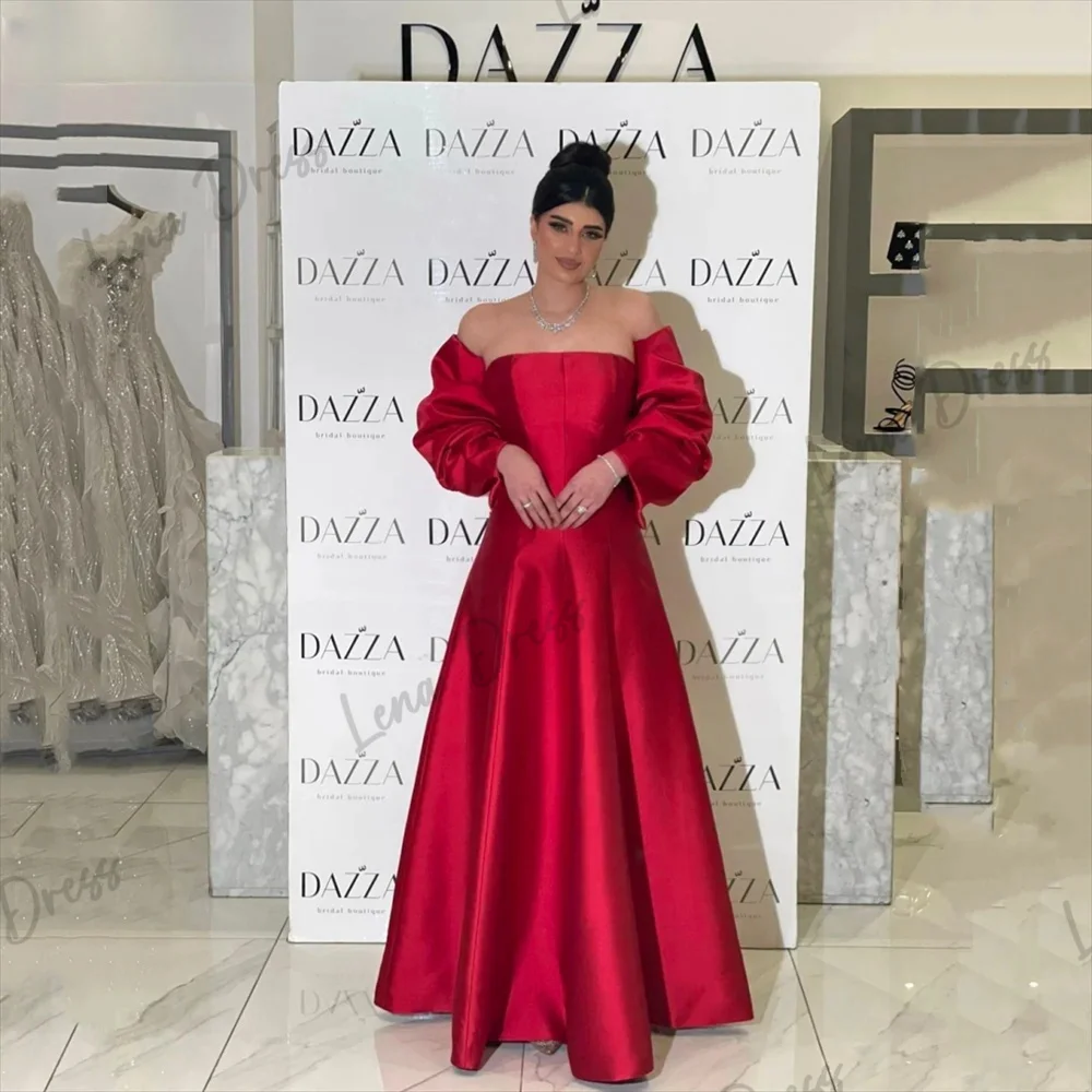 

Lena-Back Bow A-line Evening Dress Red Satin Off Shoulder Party Dress 2024 Fluffy Long Satin