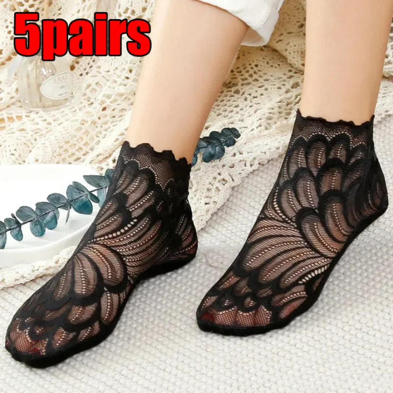 

1/5Pairs Women Lace Flower Mesh Socks Non-slip Invisible Liner Sock Female Elastic Comfy Thin Transparent Breathable Ankle Socks