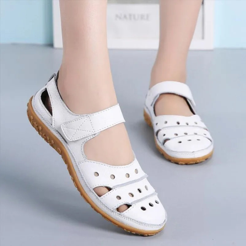 

Mother Women's Female Ladies Genuine Leather White Shoes Sandals Hook Loop Summer Cool Beach Hollow Soft Sandals