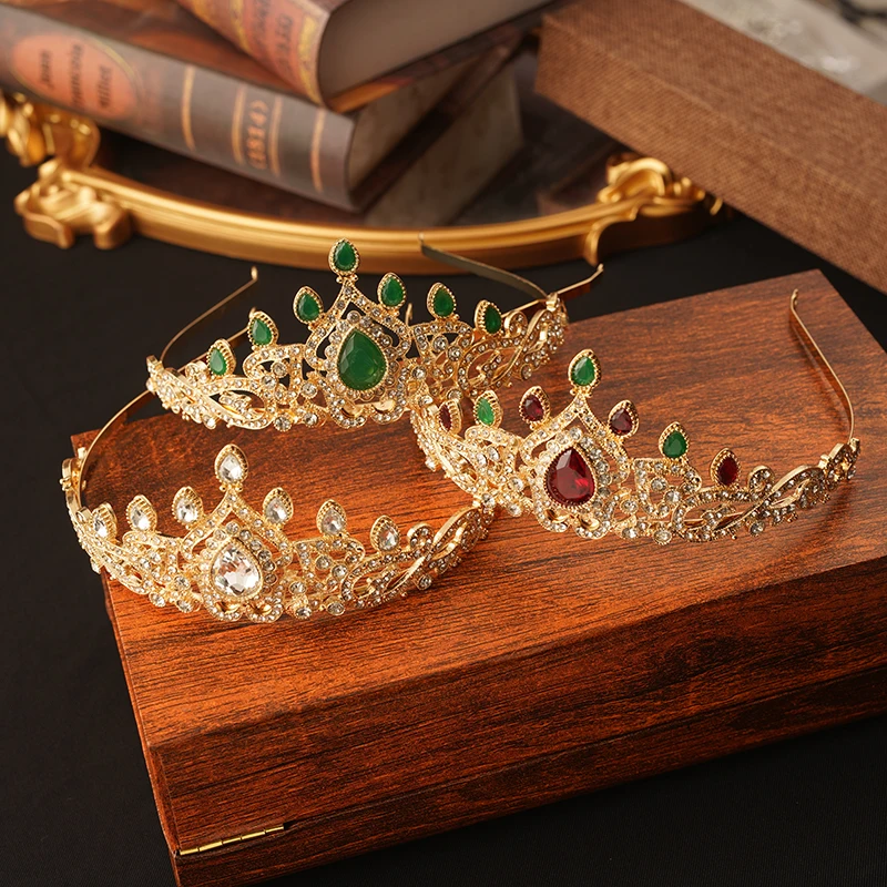 Water Drop Green Red Rhinestone Bridal Crown Morocco Trendy Luxury Gold Plated Bridal Headdress Arabic Wedding Gifts for Women