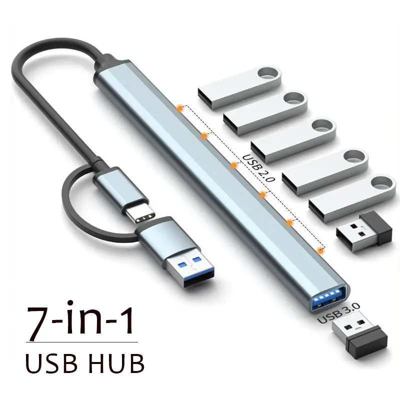 Aluminum Alloy 7-Port USB Hub with 3.0 Multi-Splitter Adapter