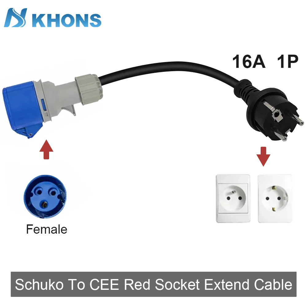 Khons ev ladegerät schuko stecker an cee rote buchse 32a 3-phasiger adapter blau cee 32a buchse 32a an schuko16a stecker – Detail 5
