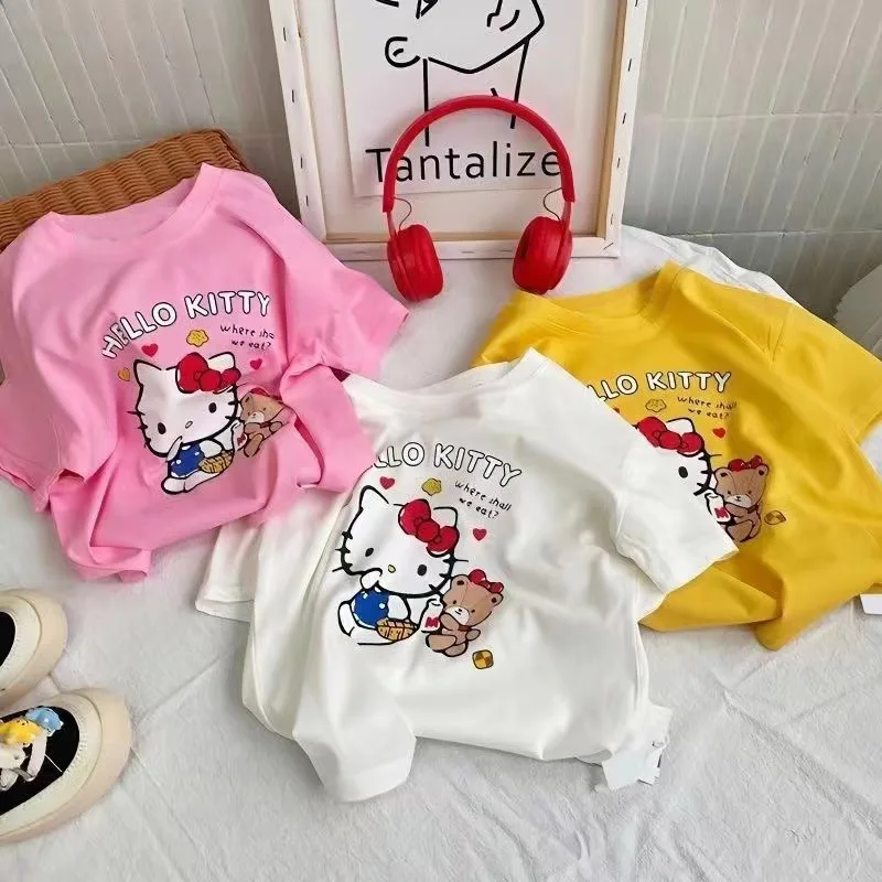 

Футболка Sanrio из чистого хлопка с коротким рукавом, детский дышащий топ с мультяшным принтом Hello Kitty, с круглым вырезом