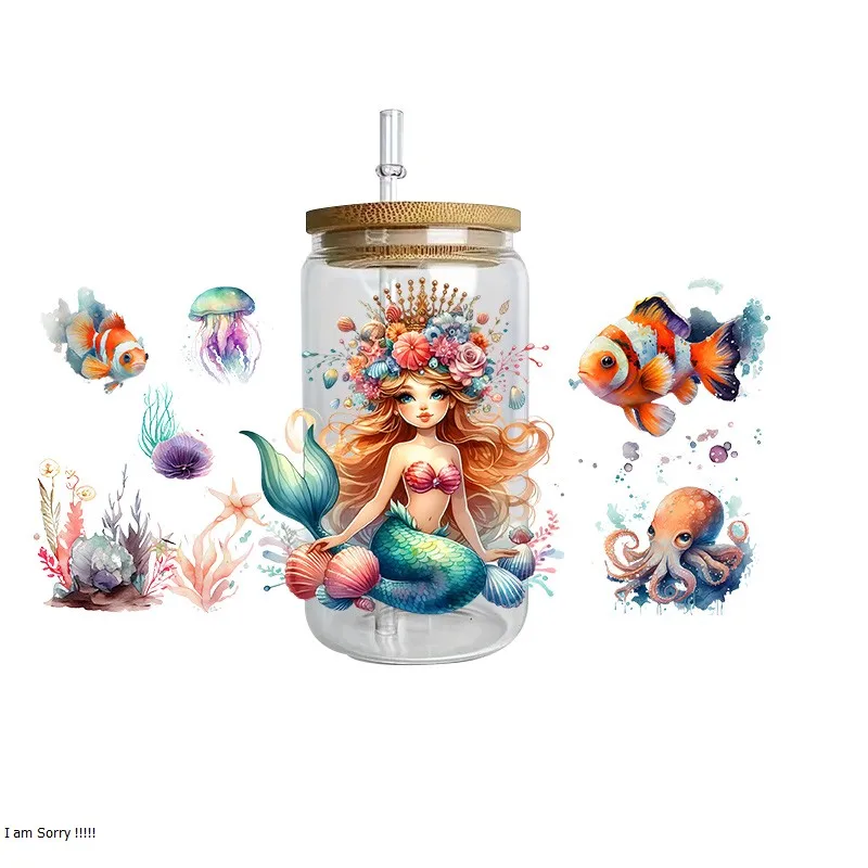 Mermaid series easy peel waterproof DIY Decals Retro Beauty 3D transfers uvdtf crystal sticker 16oz uv dtf cup wraps
