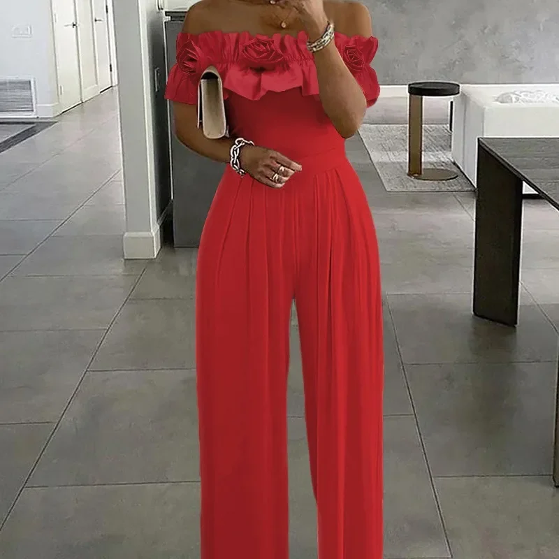 

One Piece Women Solid Sleeveless Jumpsuits Slash Neck Sexy Tight Waist Overalls Wide Leg Long Pants Rompers Ladies 2024